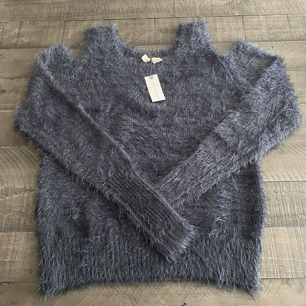 NWT Anthropologie Moth Bienne Gray Chenille Fuzzy Cold‎ Shoulder Sweater Sm